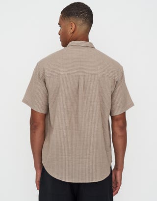 Seersucker Striped Short Sleeve Shirt in Brown Back