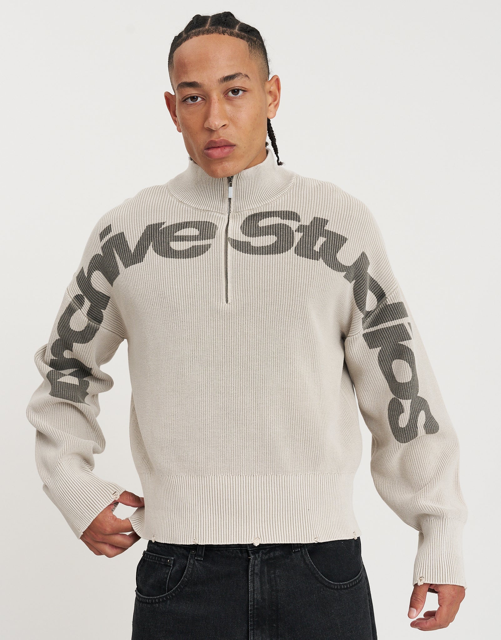 Ribbed Quarter Zip Knit in Stone | Hallensteins NZ