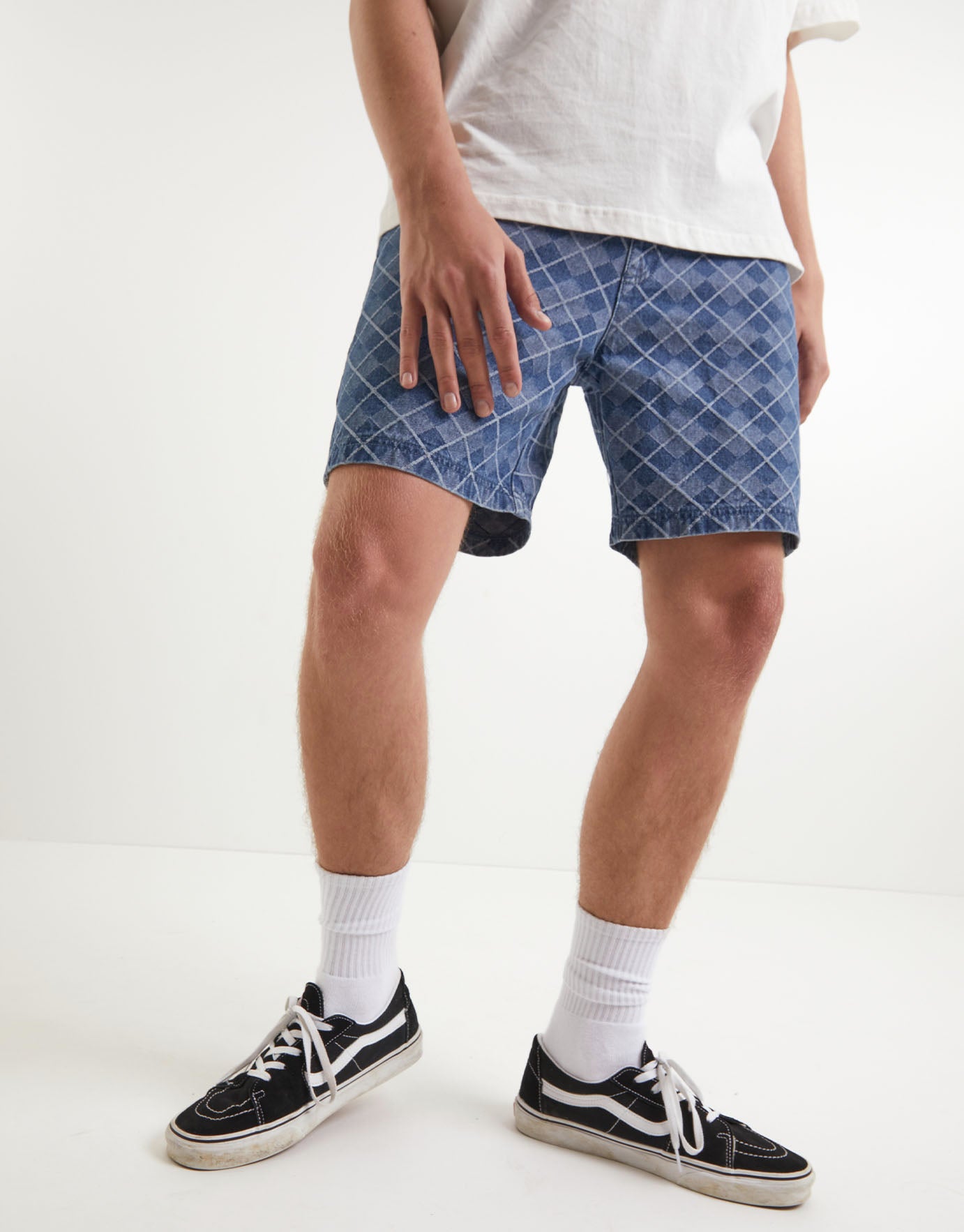 Argyle Pattern Rigid Denim Shorts in 