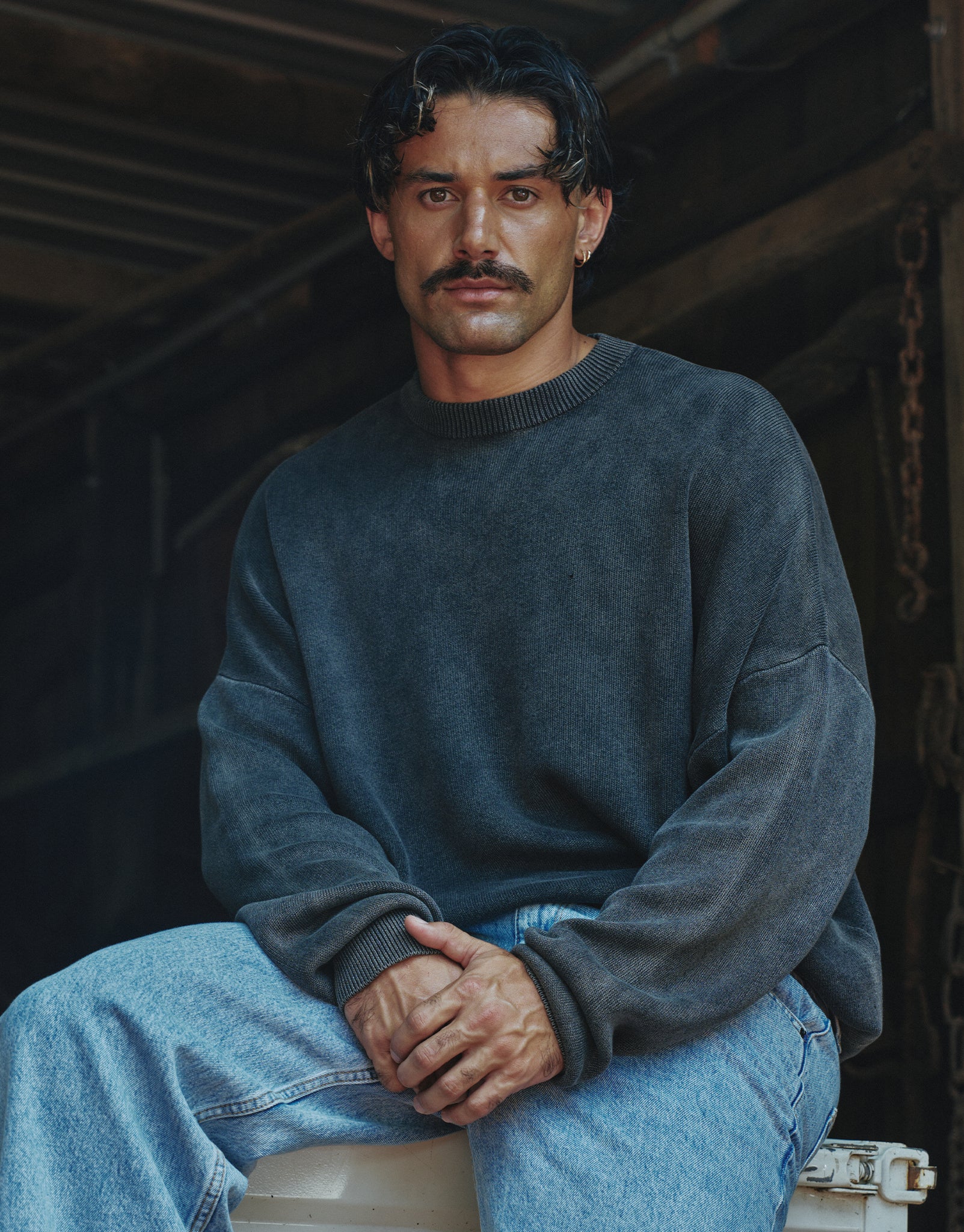 Oversized Crew Knit Jumper in Black | Hallensteins NZ