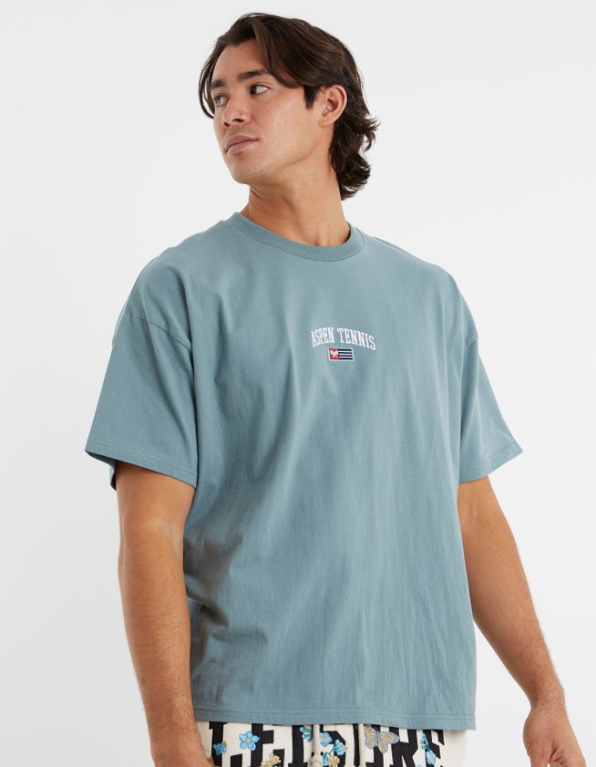 Aspen Tennis Box Fit Graphic T Shirt in Mineral Green | Hallensteins AU