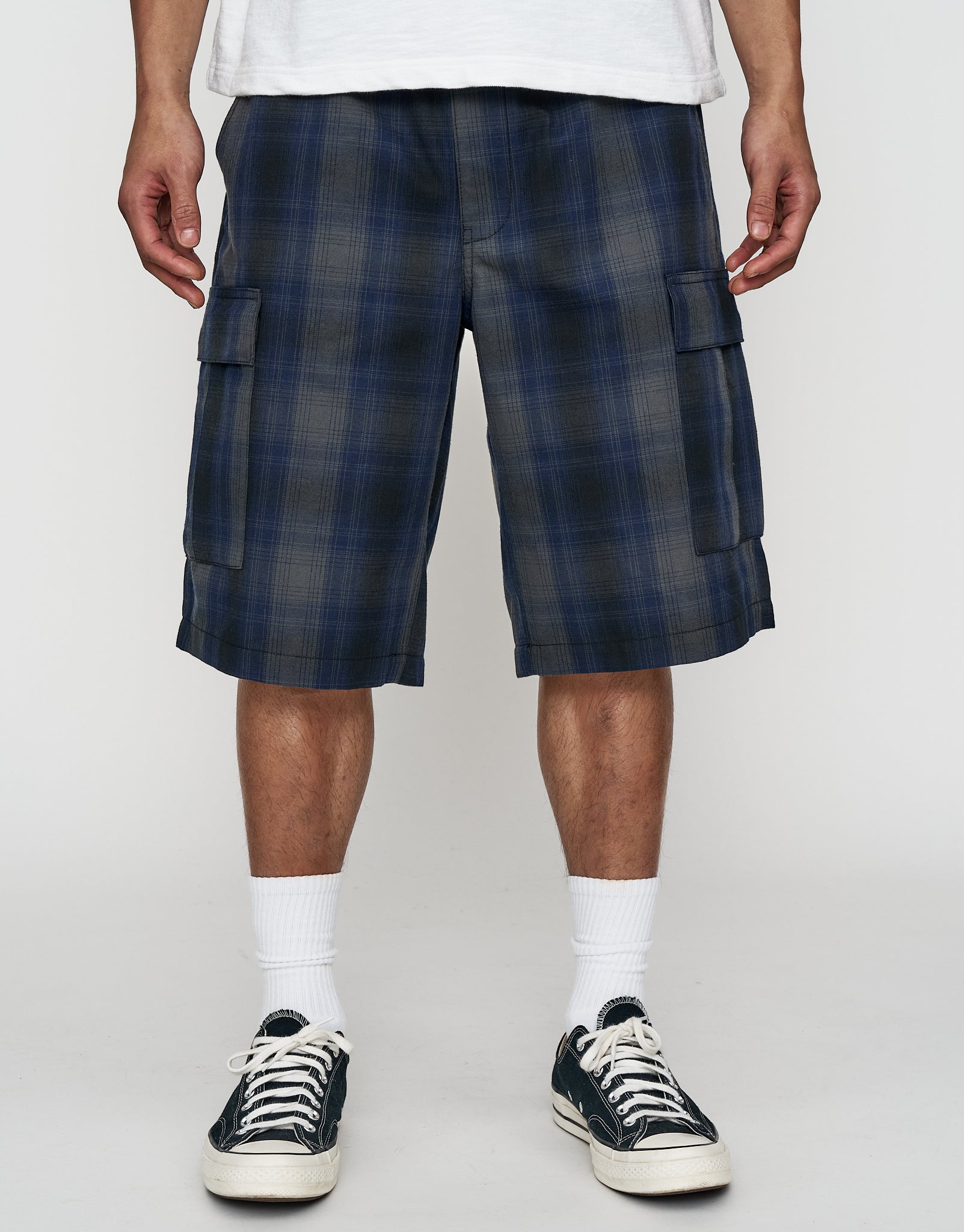 Baggy Plaid Cargo Short in Navy | Hallensteins NZ