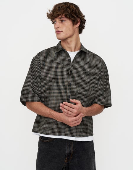 Bailey Cropped Check Short Sleeve Shirt in Black Hallensteins AU
