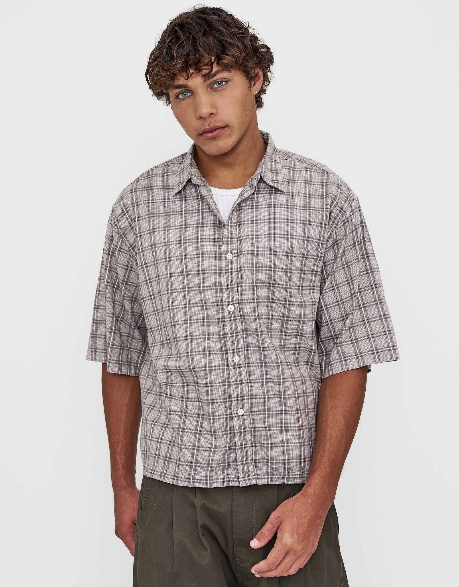 Berkley Cropped Check Short Sleeve Shirt in Grey | Hallensteins NZ