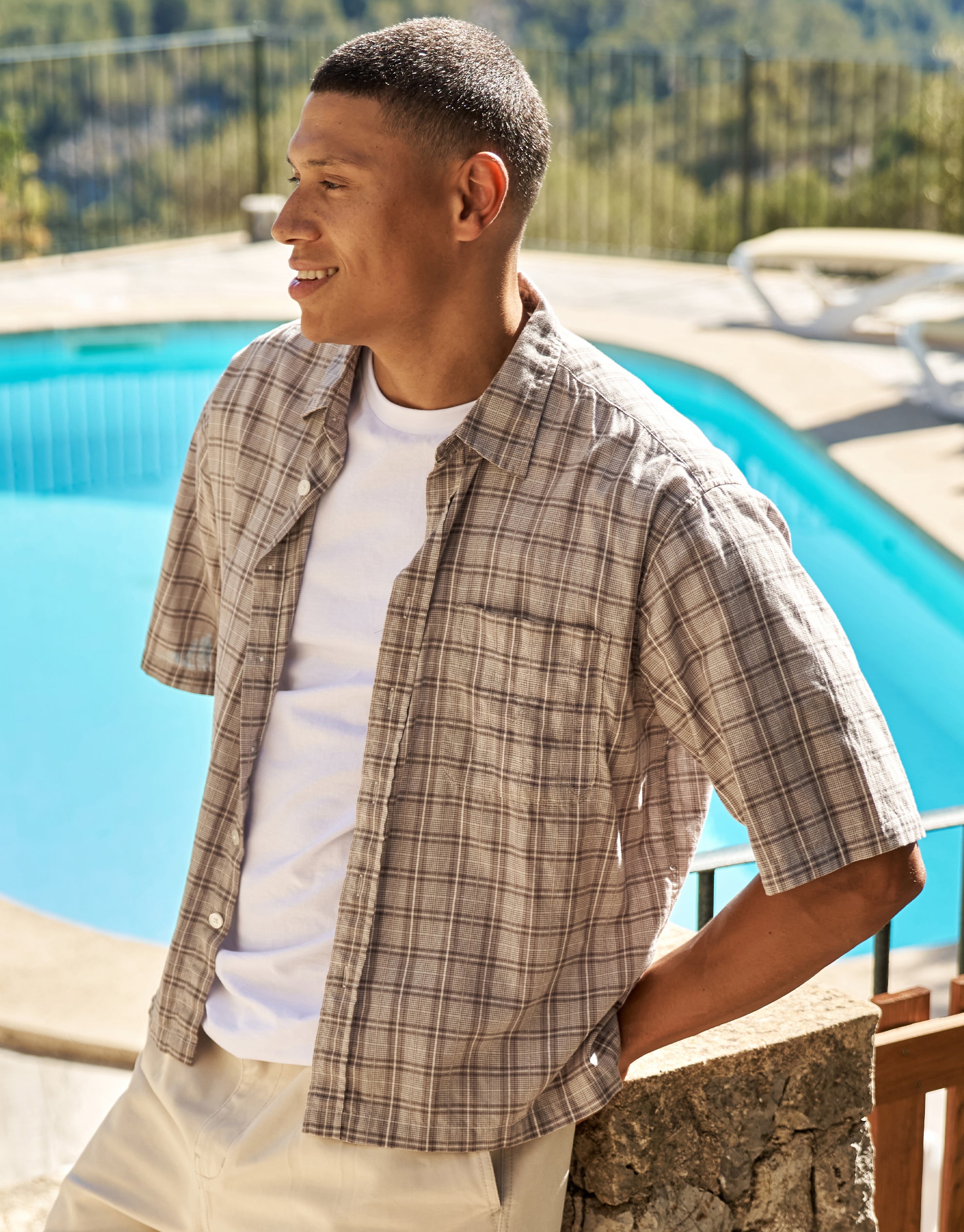 Berkley Cropped Check Short Sleeve Shirt in Grey | Hallensteins NZ