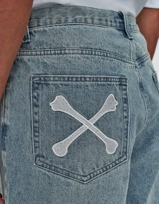 Bones Embroidered Baggy Fit Jorts in Blue Detail2