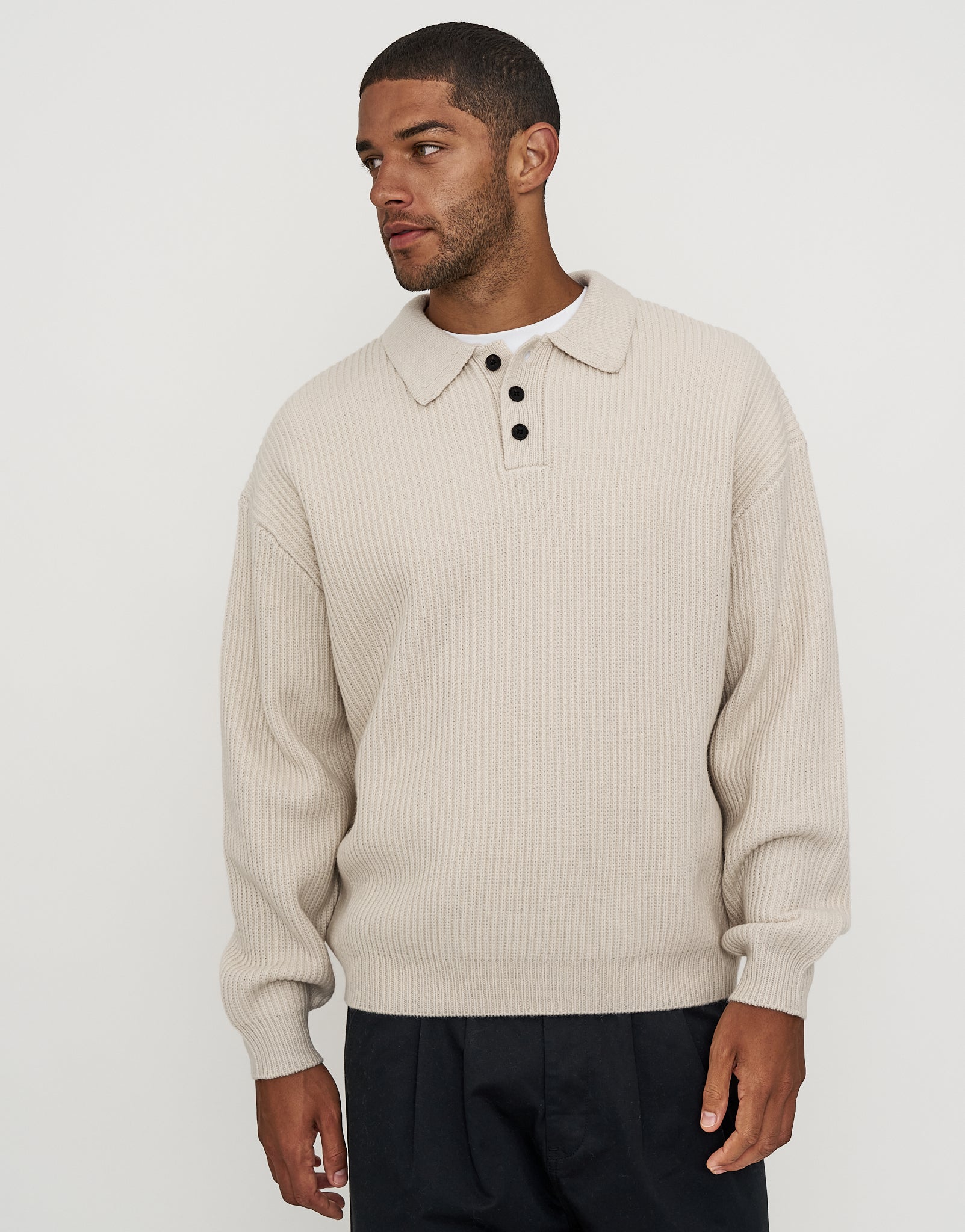 Button Up Knit in Bone | Hallensteins NZ