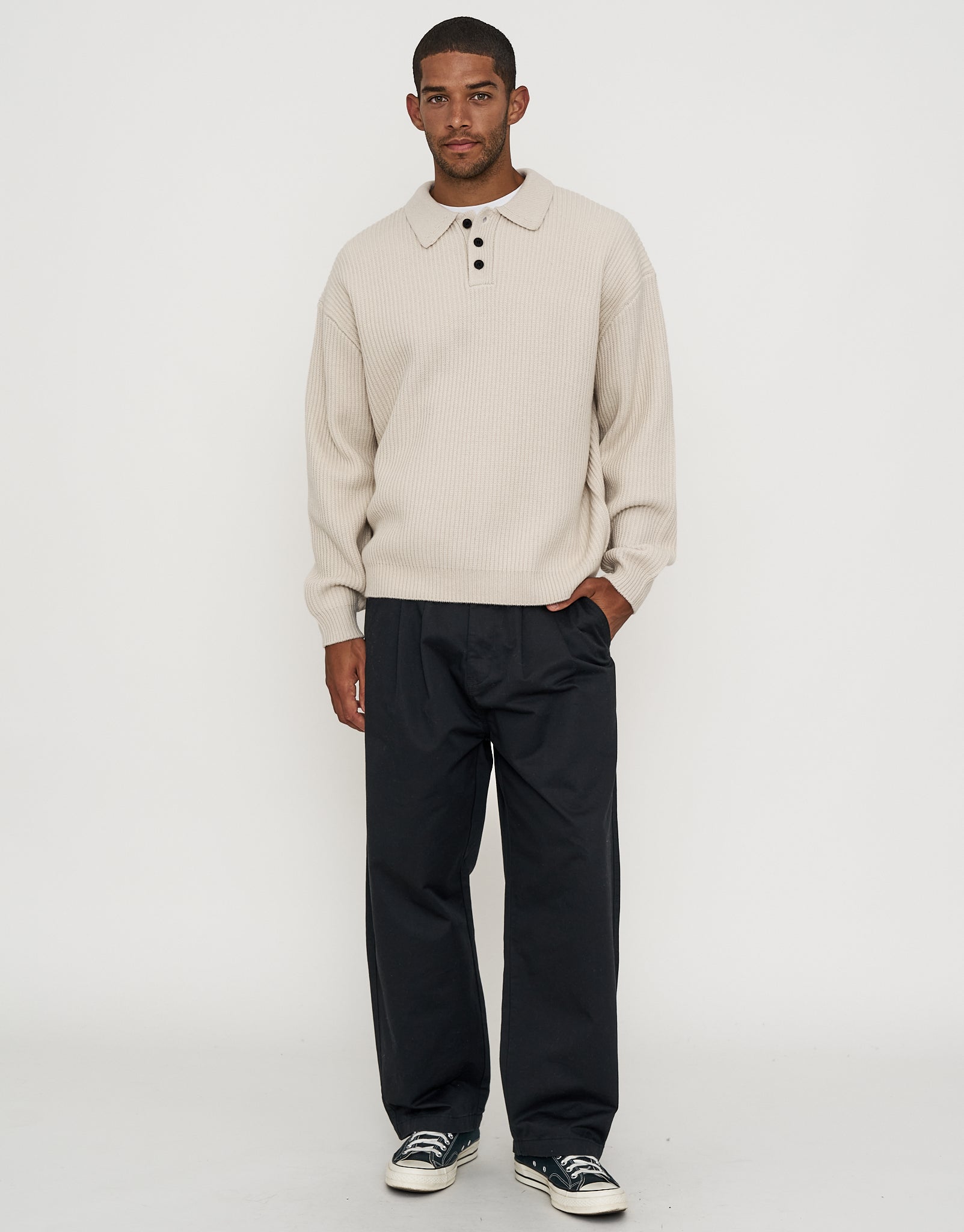 Button Up Knit in Bone | Hallensteins NZ