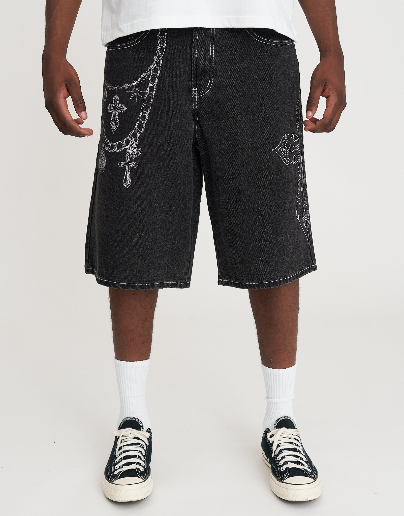 Dragons Embroidered Baggy Fit Jorts in Washed Black | Hallensteins NZ