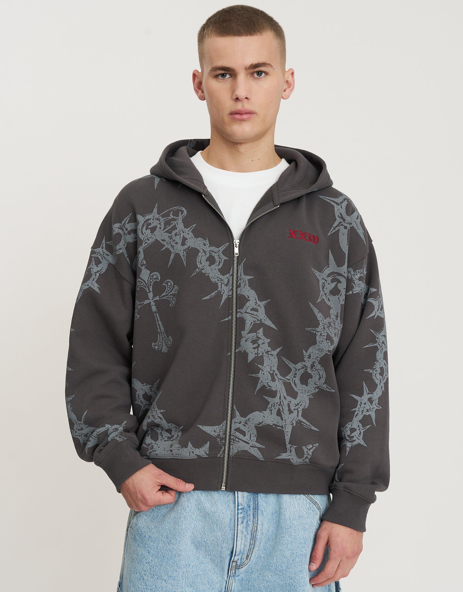 トップス ULTRA HEAVY SWEAT CUT OFF HOODIE Chains Oversized Cropped Zip Up Hoodie in Flint | Hallensteins AU