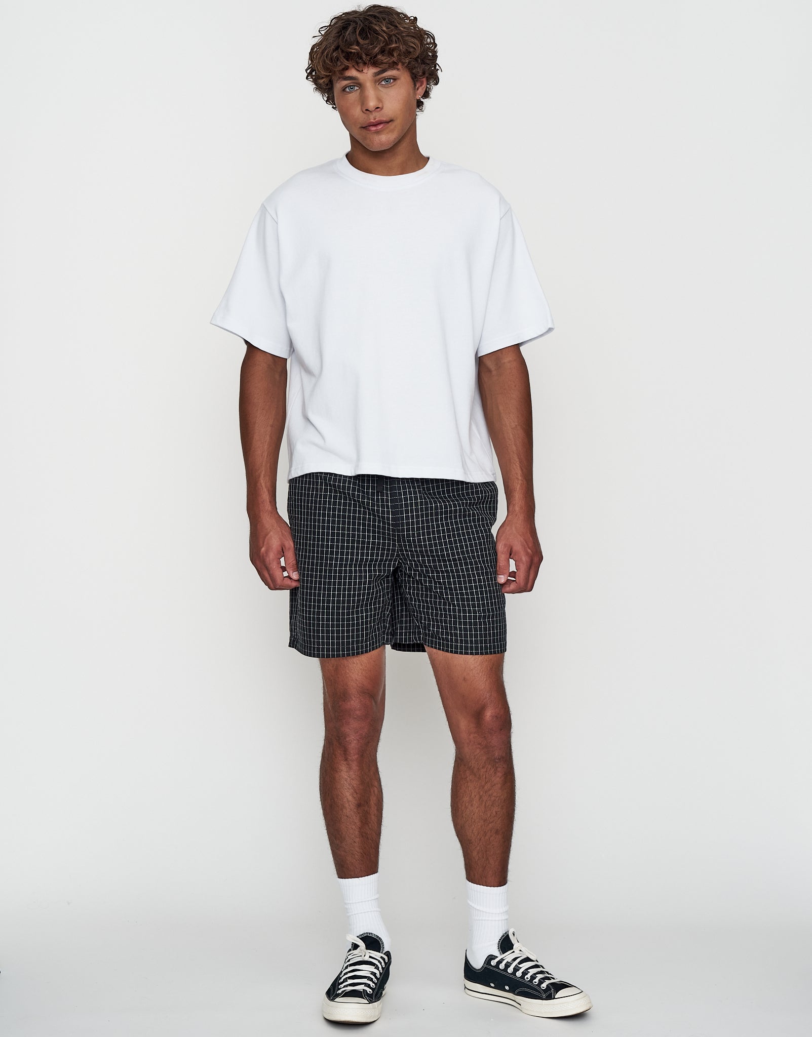 Check Pattern Elastic Waist Shorts in Black | Hallensteins NZ