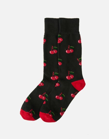 Cherry Pattern Dress Socks in Black | Hallensteins NZ