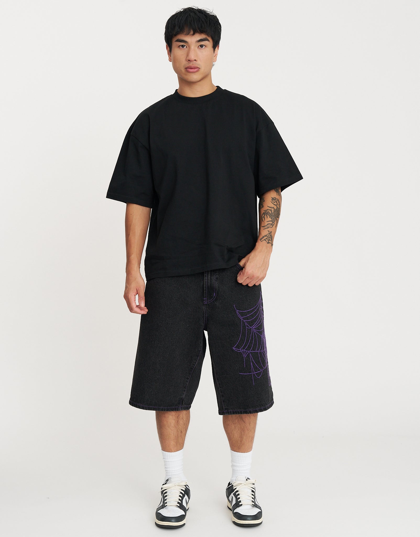 Cobweb Baggy Fit Jorts in Washed Black | Hallensteins NZ
