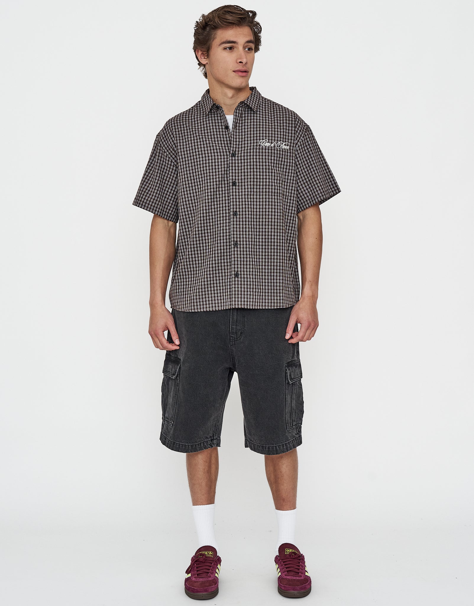 French Riviera Check Short Sleeve Shirt in Brown | Hallensteins NZ