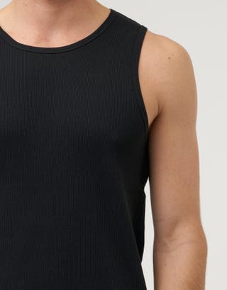 Ribbed Slim Fit Cotton Singlet in Black Detail2