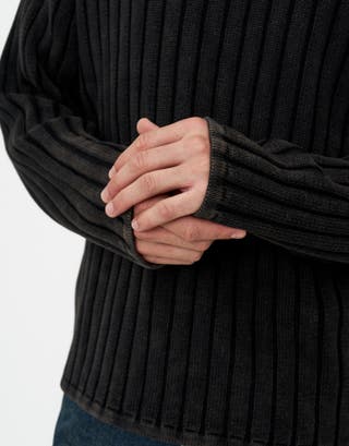 Ribbed Plain Crew Neck Jumper in Black Detail2