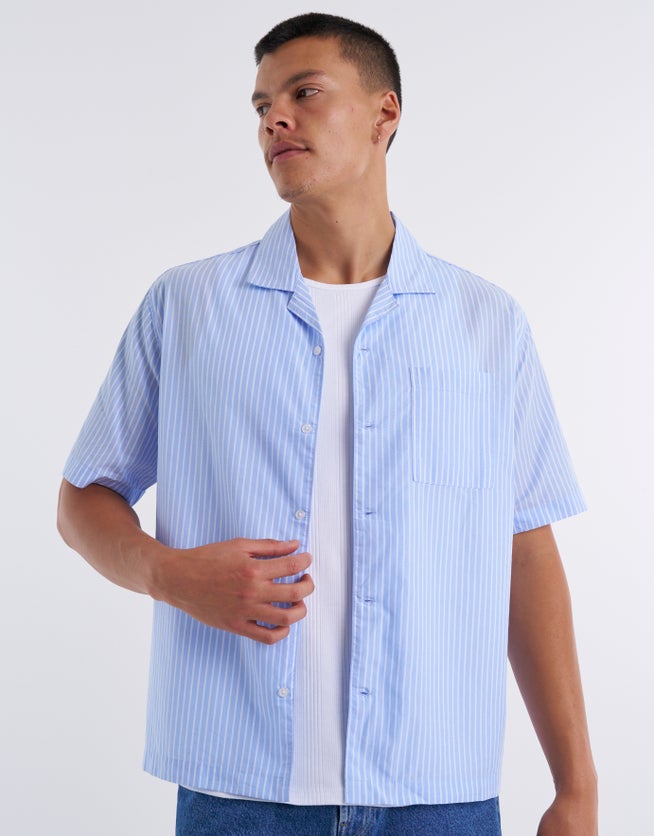 Cove Stripe Short Sleeve Shirt in Light Blue | Hallensteins NZ