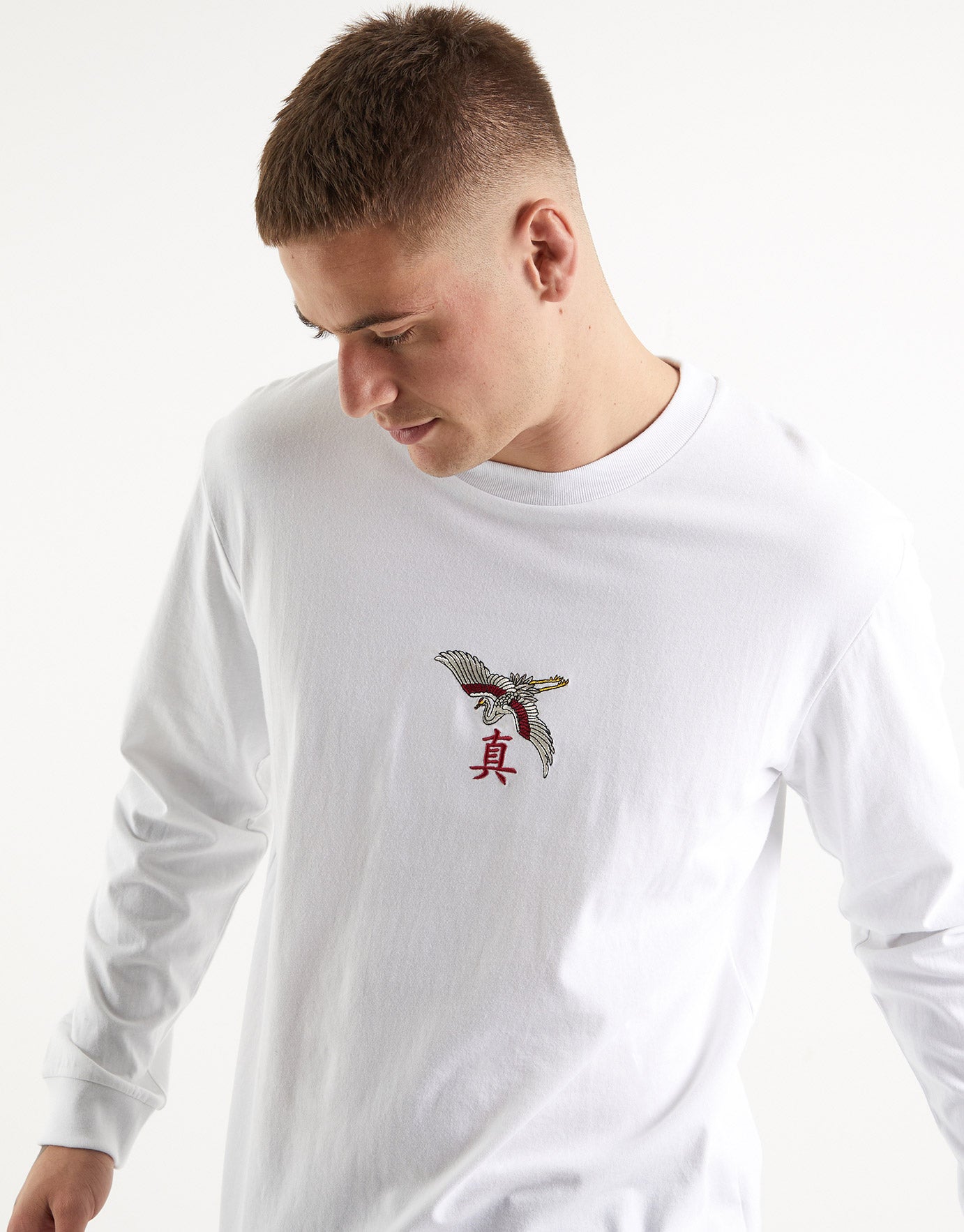 Crane Embroidered Long Sleeve T Shirt 