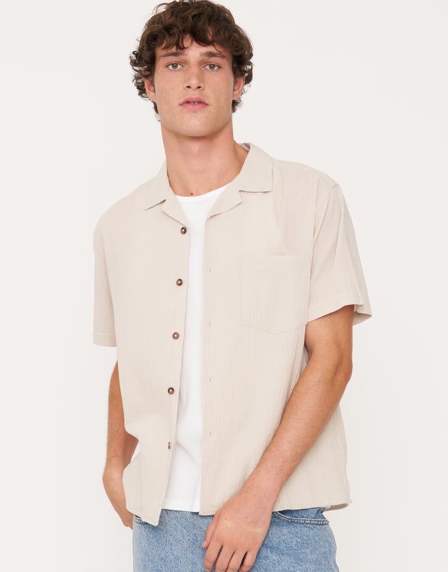 Crinkled Texture Short Sleeve Shirt in Beige Hallensteins NZ