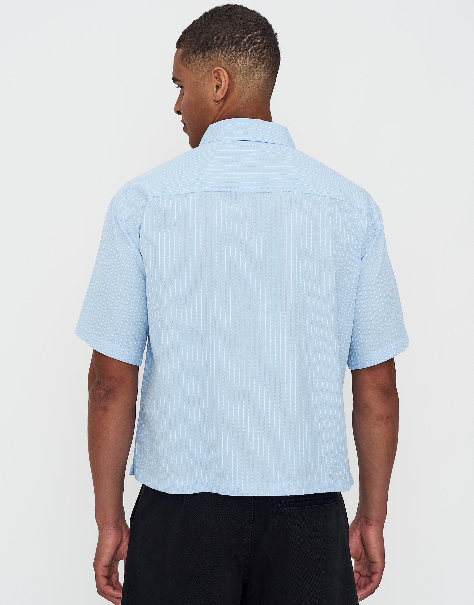 Striped Cropped Box Fit Short Sleeve Shirt in Lt Blue