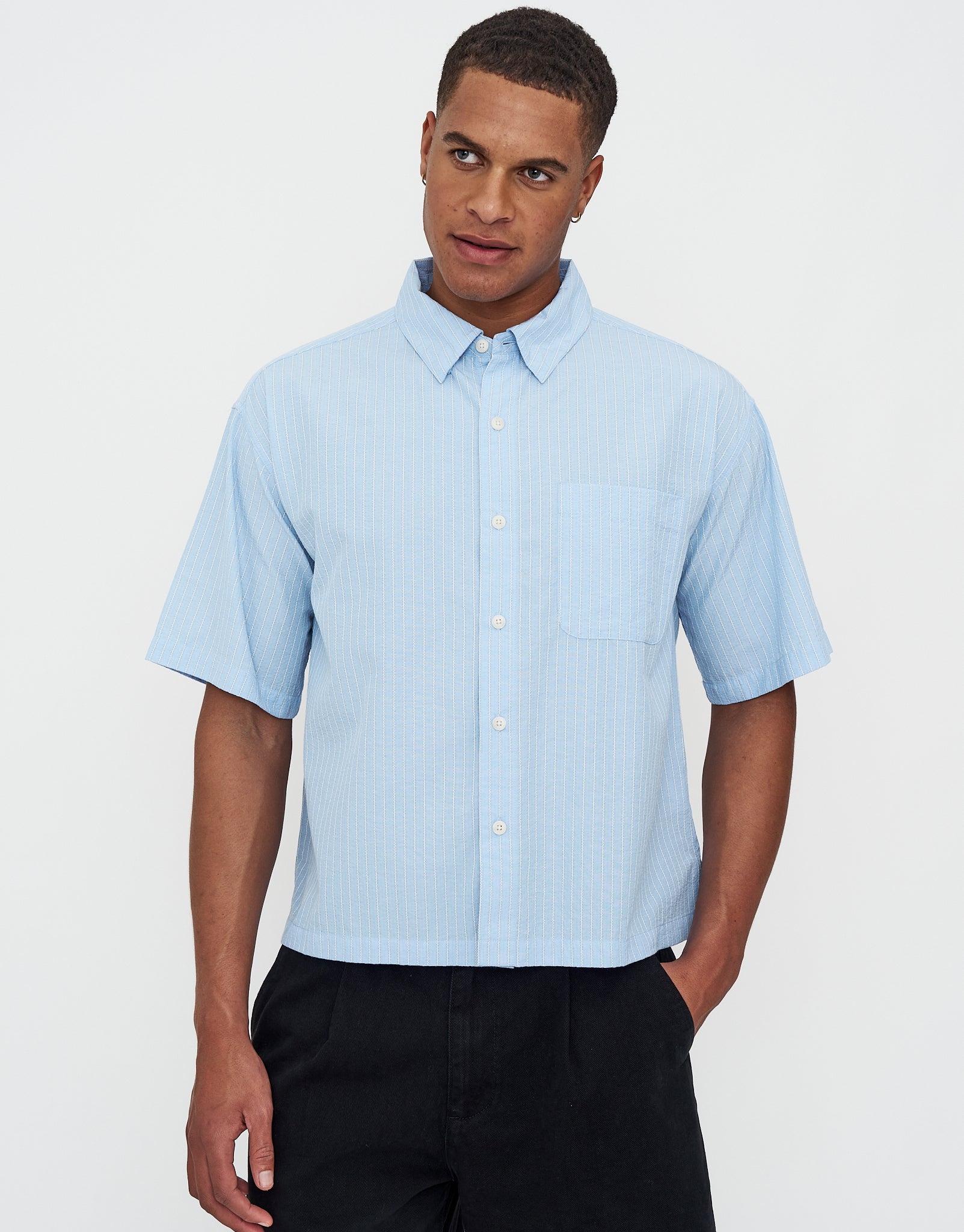 Striped Cropped Box Fit Short Sleeve Shirt in Lt Blue