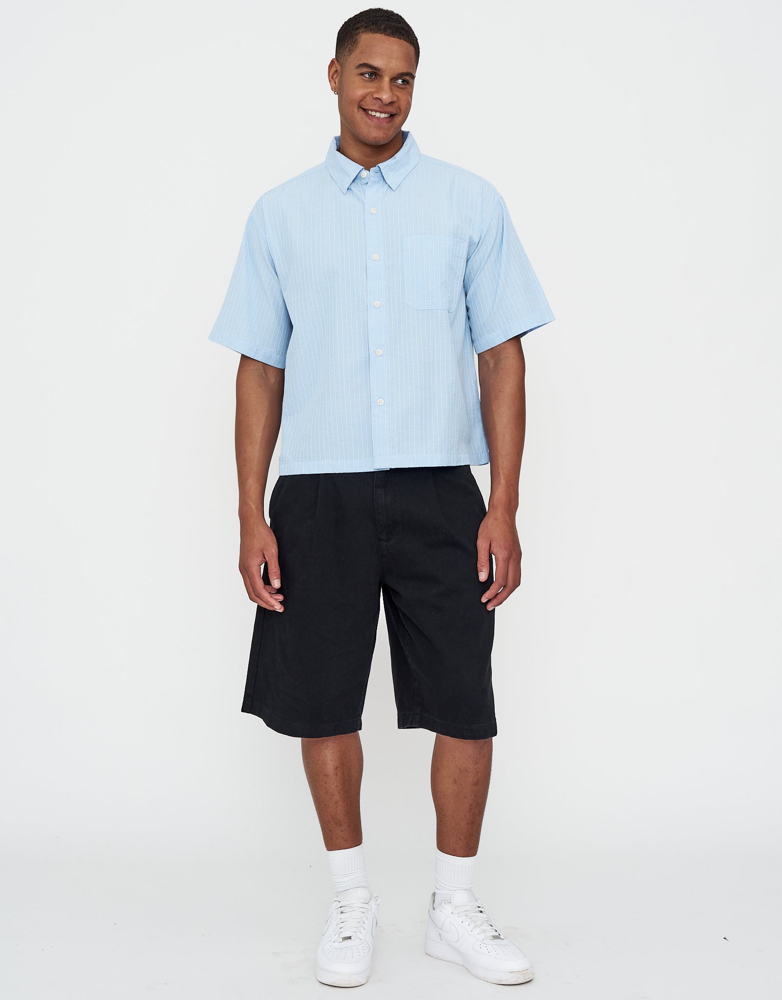 Striped Cropped Box Fit Short Sleeve Shirt in Lt Blue