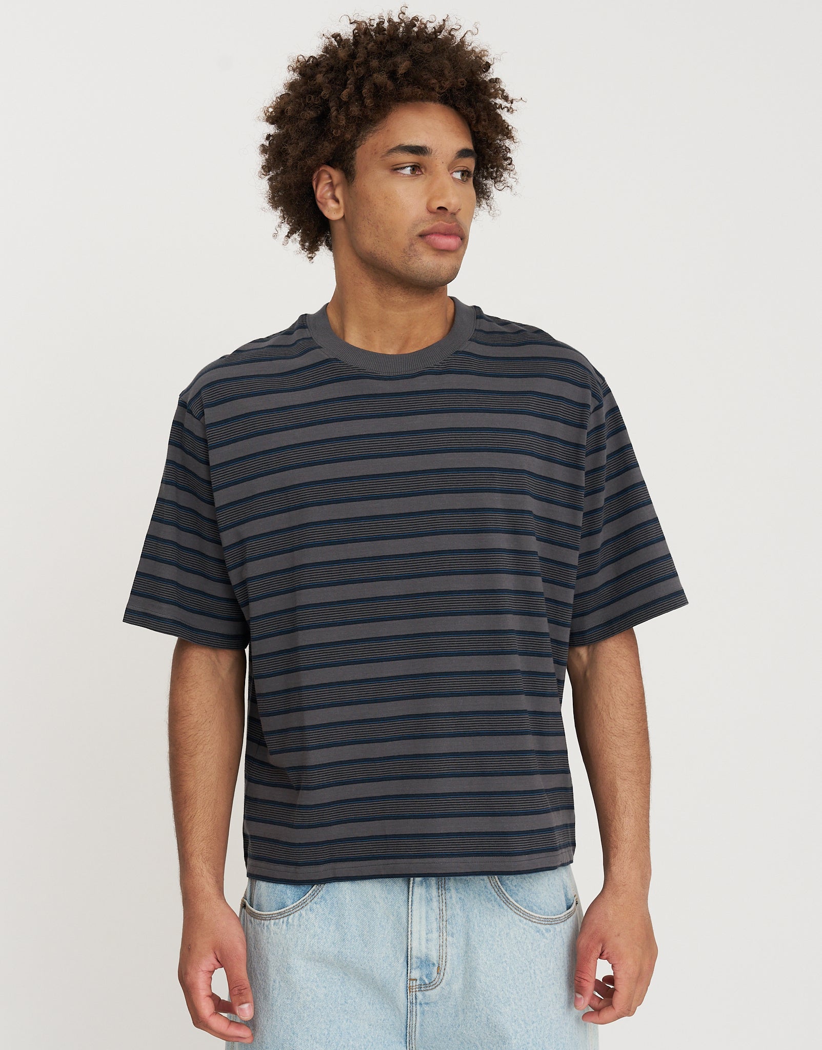 トップス Willfully undulate gather frill stripe Cropped Striped T Shirt in Flint | Hallensteins AU