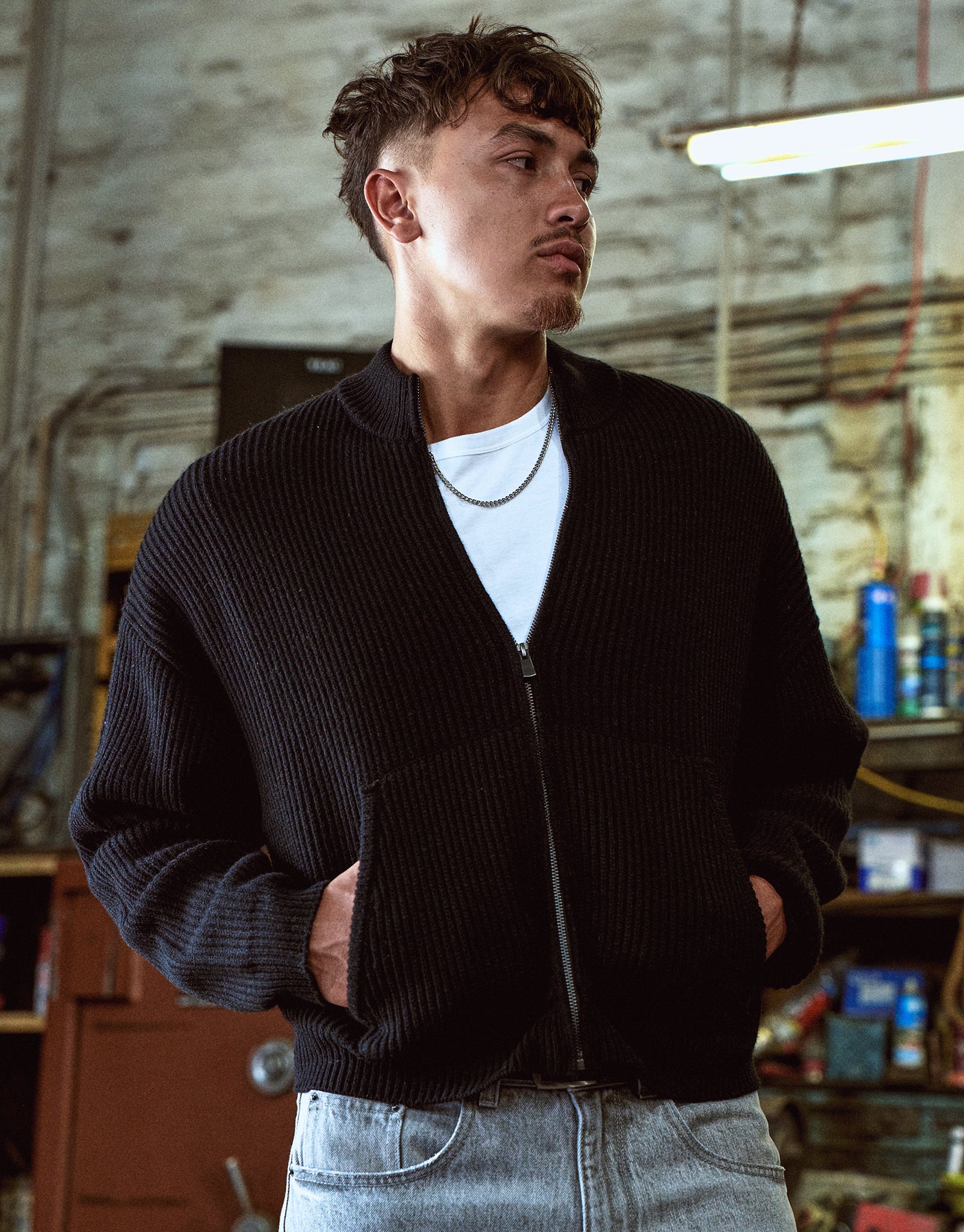 Cropped Zip Up Heavy Knit in Black | Hallensteins NZ