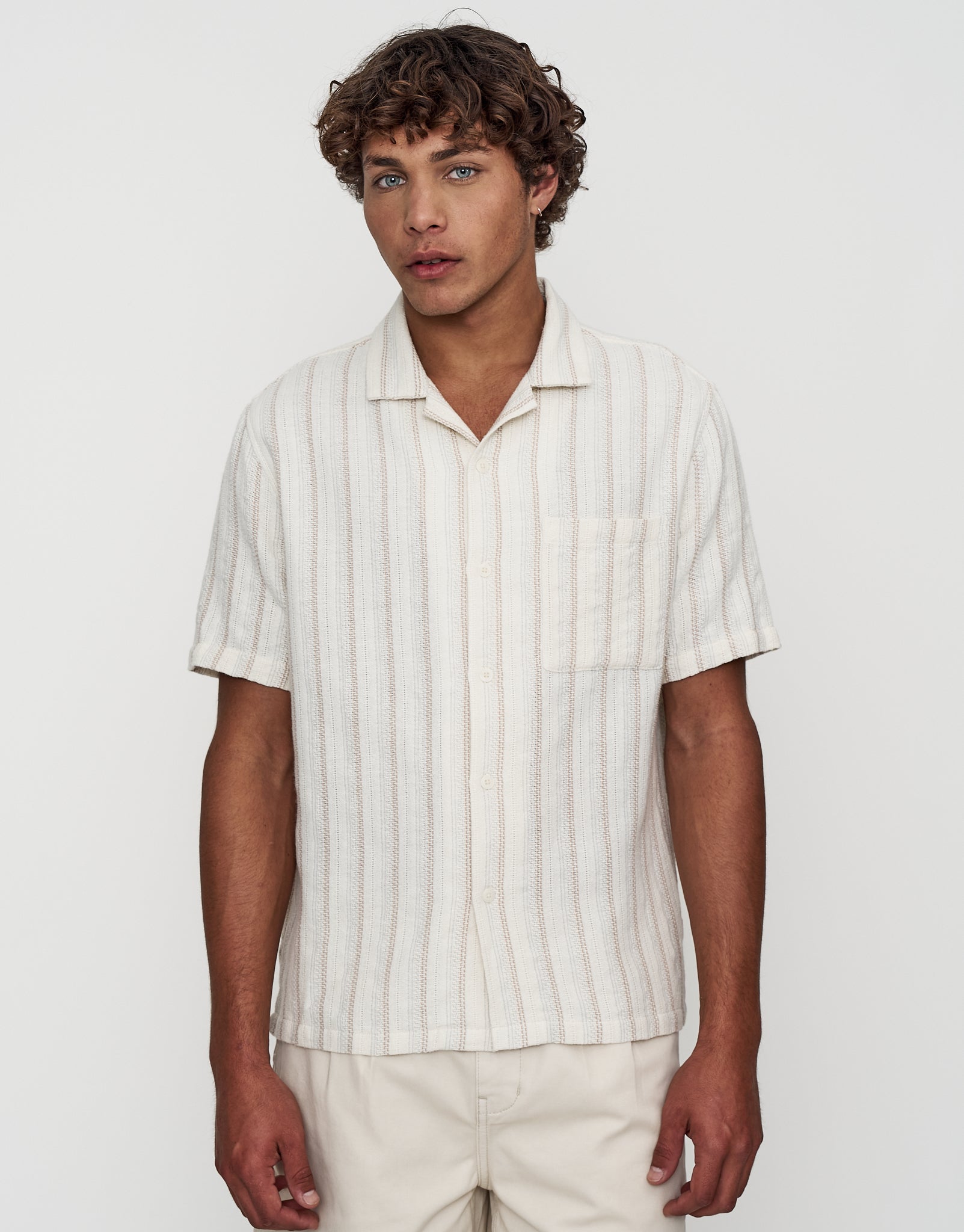 Cuba Striped Short Sleeve Shirt in Oat | Hallensteins AU