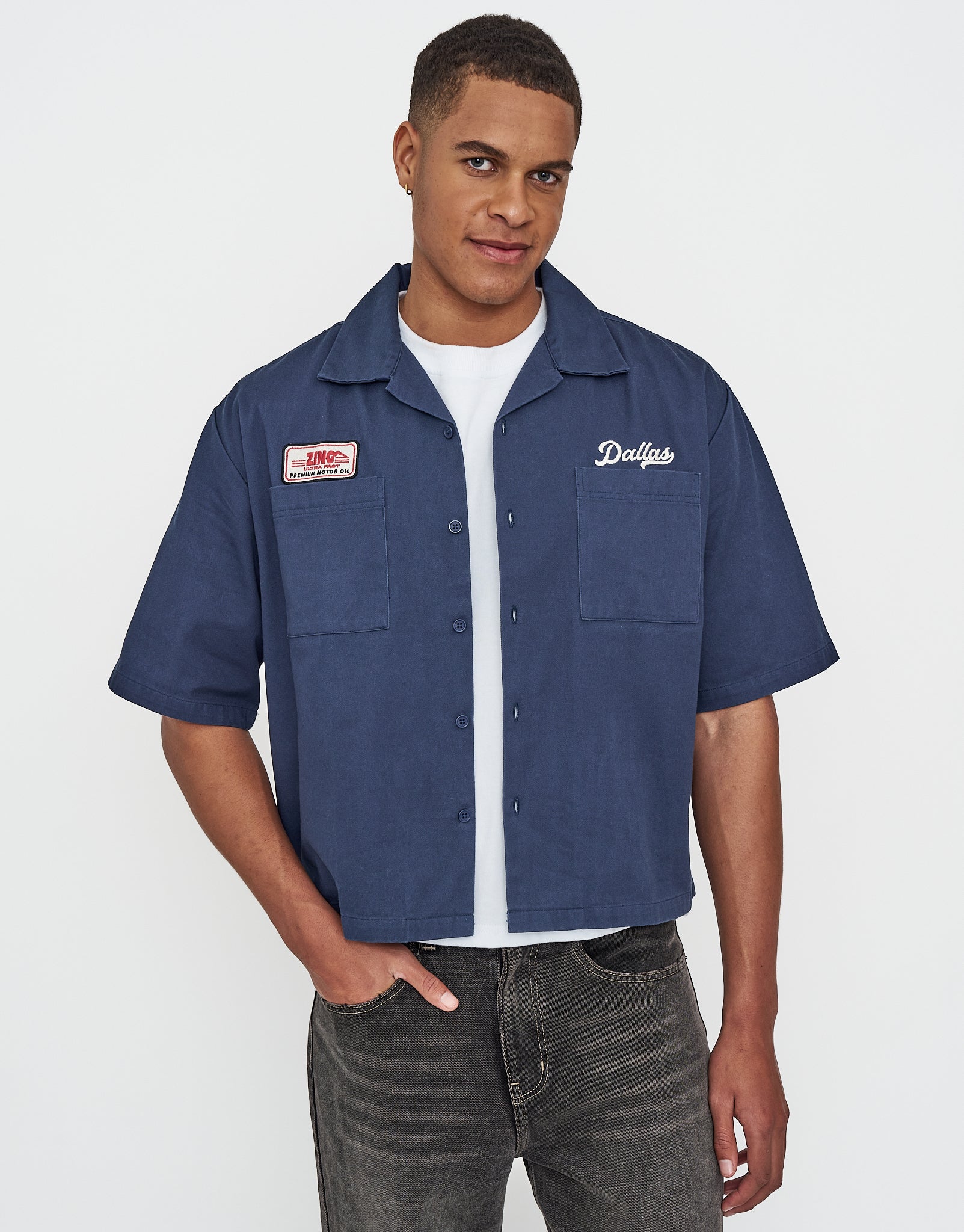 Dallas Motorsport Cropped Short Sleeve Shirt in Midnight Blue