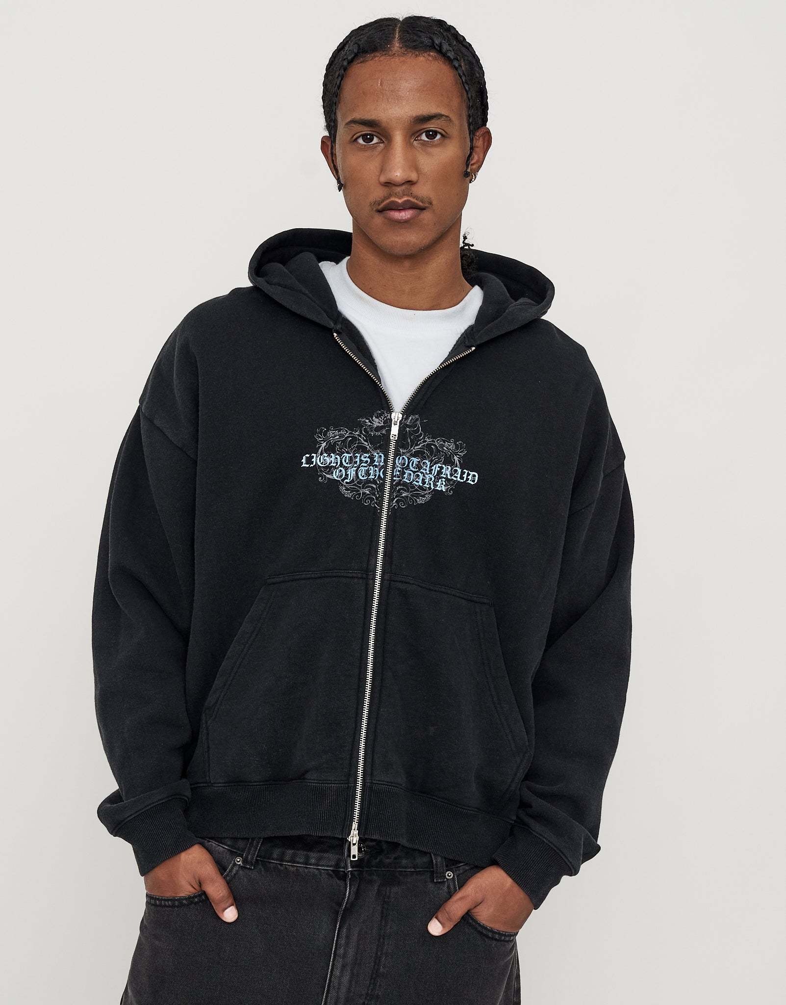 Light Script Cropped Zip Up Hoodie in Washed Black | Hallensteins NZ