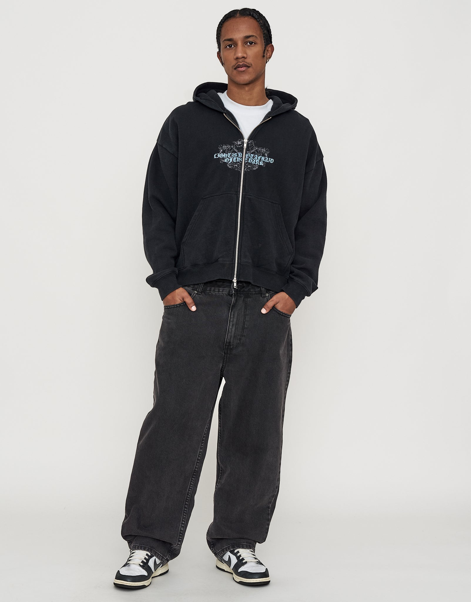 Light Script Cropped Zip Up Hoodie in Washed Black | Hallensteins NZ