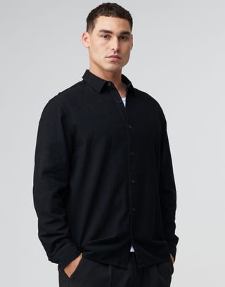 Textured Plain Long Sleeve Shirt in Black Detail2