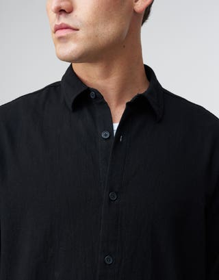 Textured Plain Long Sleeve Shirt in Black Detail3