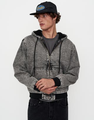 Denim Hooded Sherpa Jacket in Snow Wash Detail2