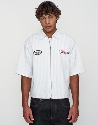 Denkai Cropped Mechanic Zip Up Shirt in Blanc Detail3