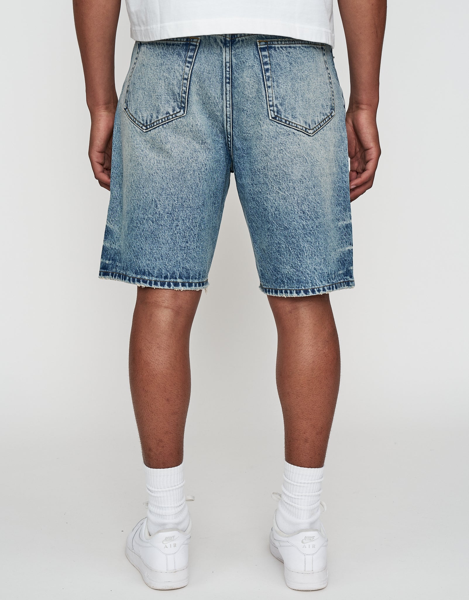 Distressed Relaxed Fit Denim Shorts in Acid Wash Blue
