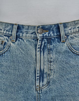 Distressed Relaxed Fit Denim Shorts in Acid Wash Blue Detail2