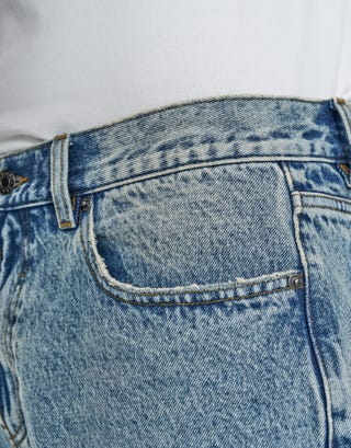 Distressed Relaxed Fit Denim Shorts in Acid Wash Blue Detail3
