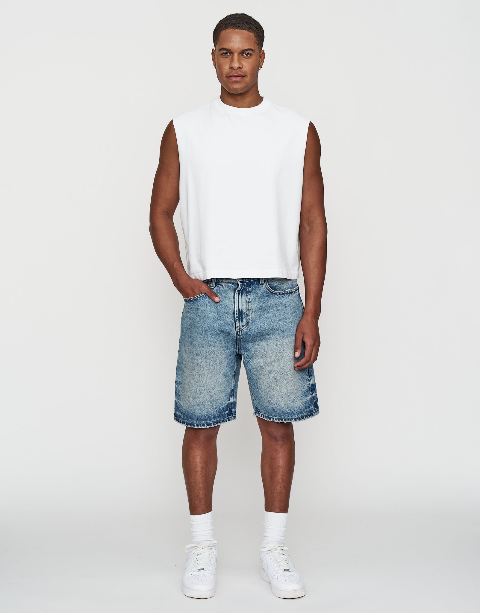 Distressed Relaxed Fit Denim Shorts in Acid Wash Blue