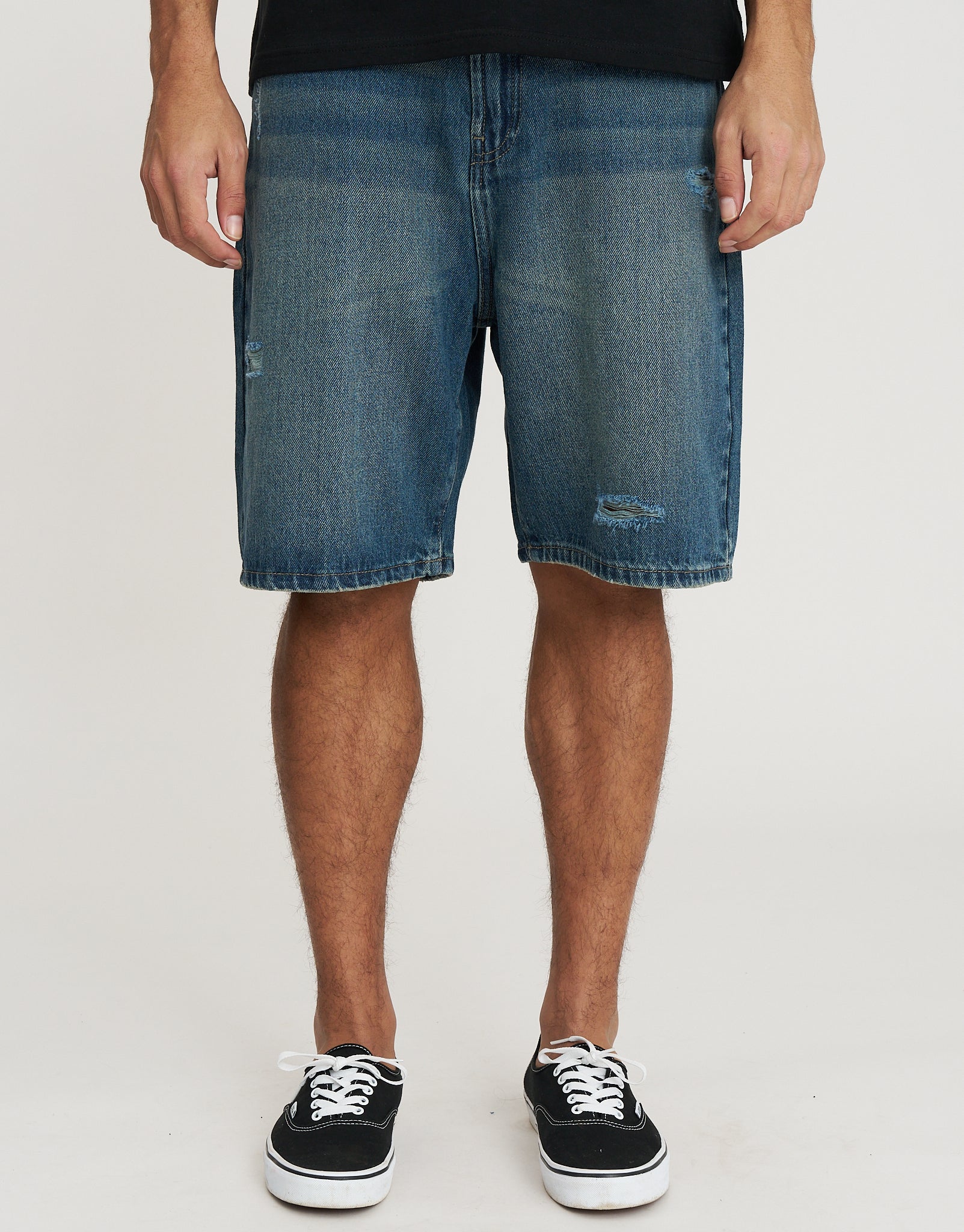 Distressed Relaxed Fit Denim Shorts in Acid Wash Blue