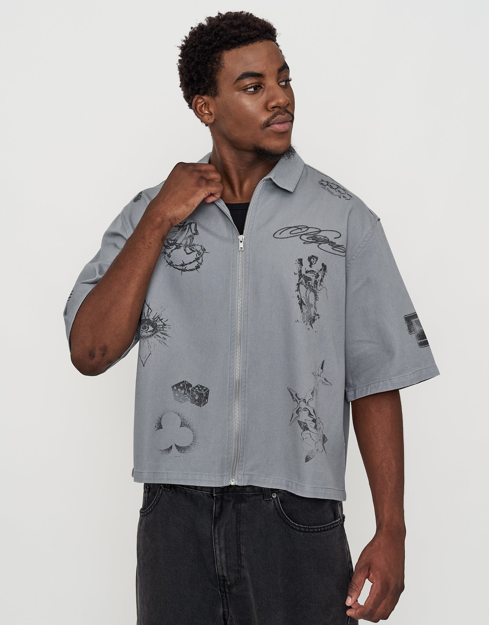 Sketch Cropped Zip Up Shirt in Pebble | Hallensteins NZ