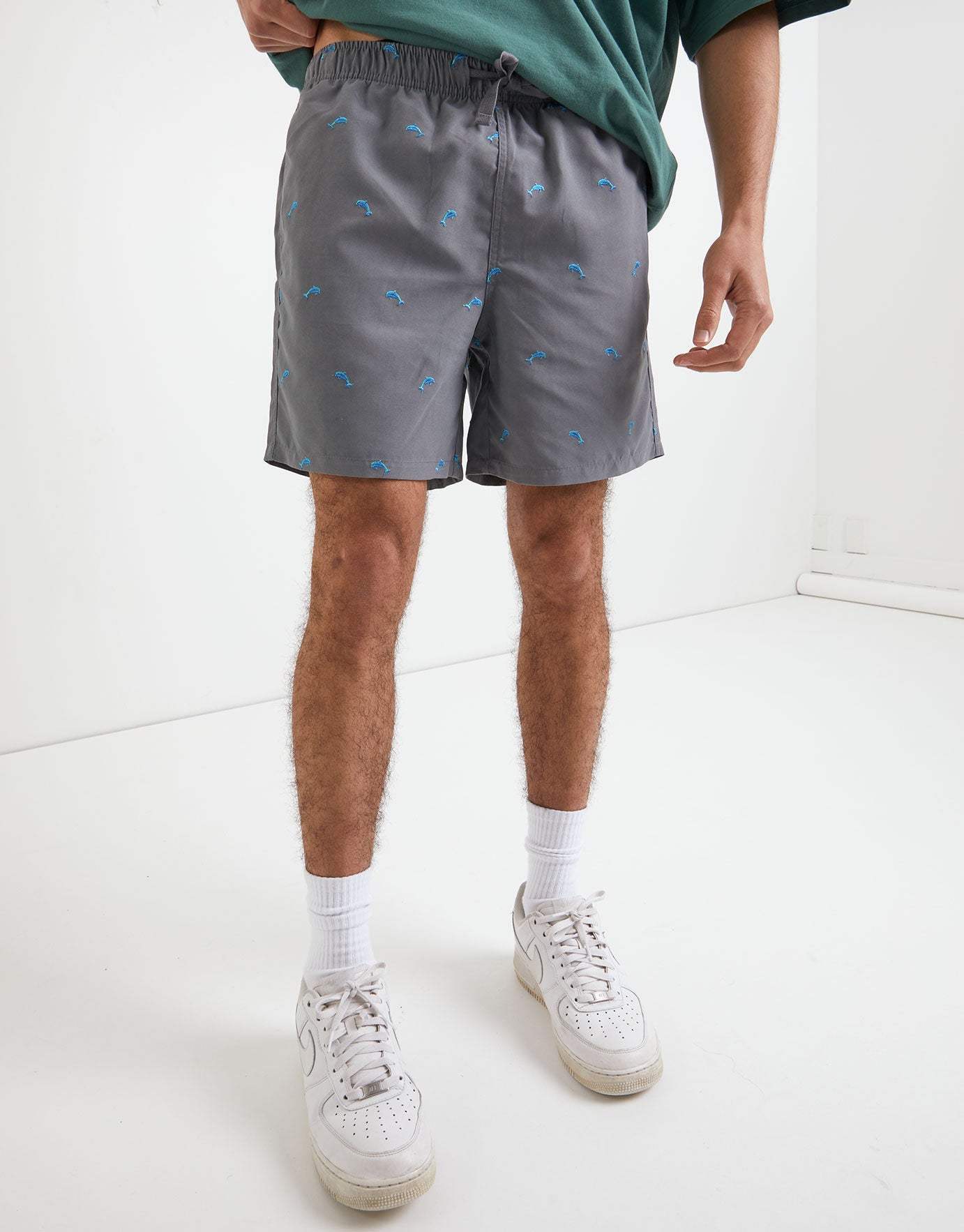 Dolphin Embroidered Swim Shorts in Grey 