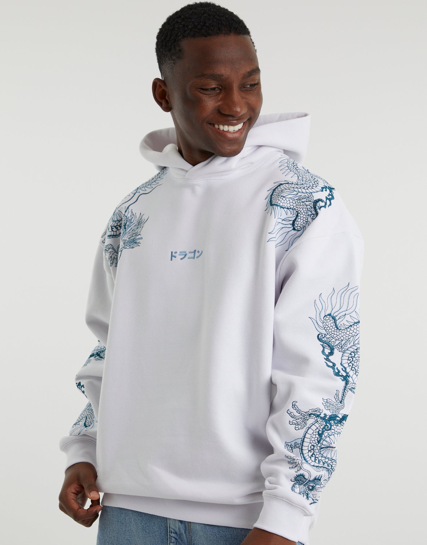 Dragon Embroidered Box Fit Hoodie in White | Hallensteins NZ