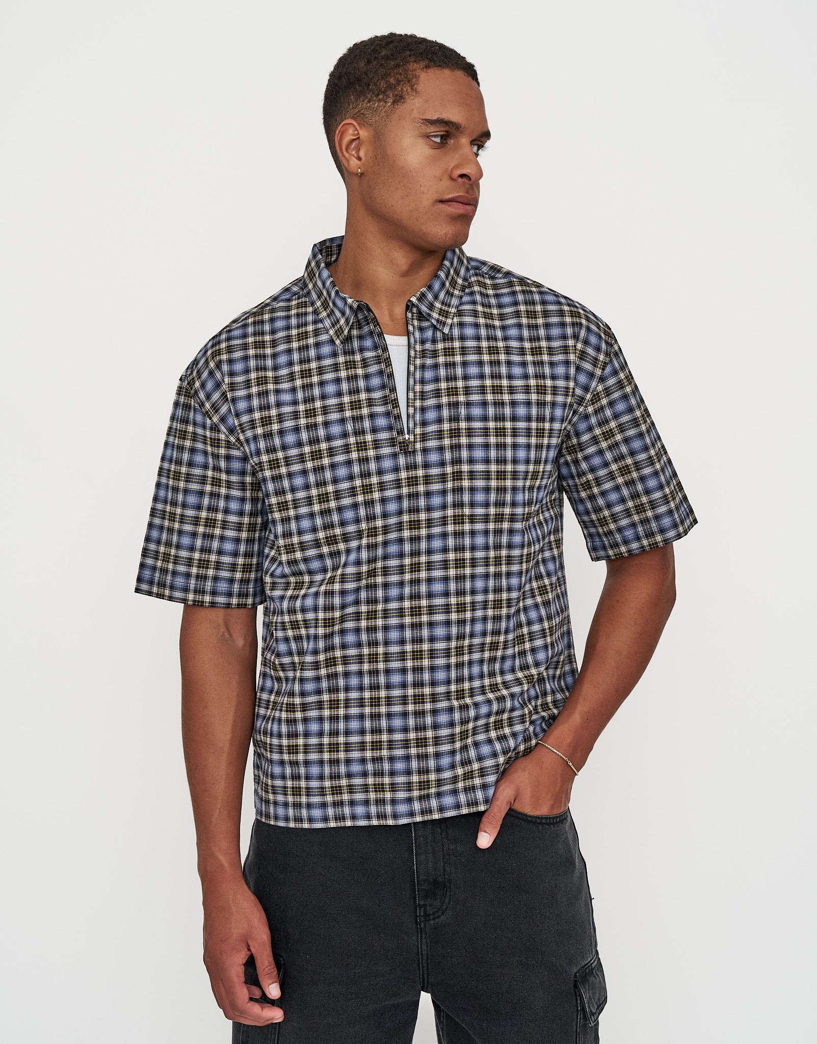 Dragon Check Quarter Zip Short Sleeve Shirt in Blue Check