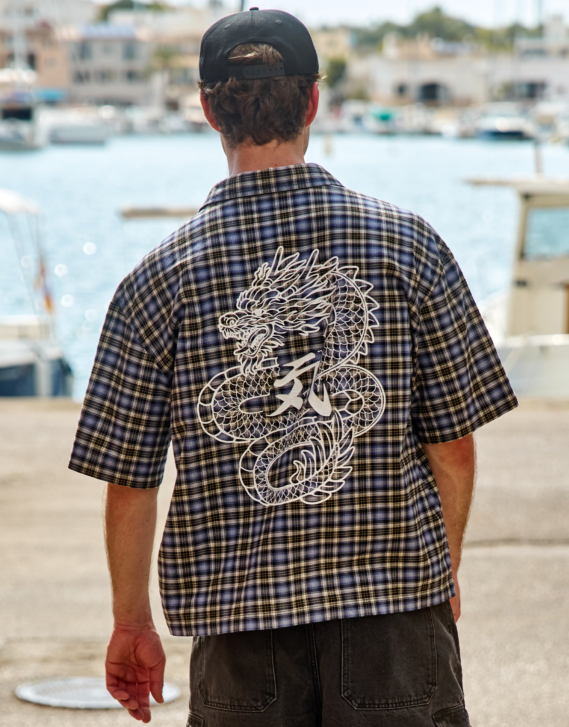 Dragon Check Quarter Zip Short Sleeve Shirt in Blue Check