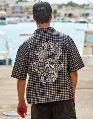 Dragon Check Quarter Zip Short Sleeve Shirt in Blue Check Front