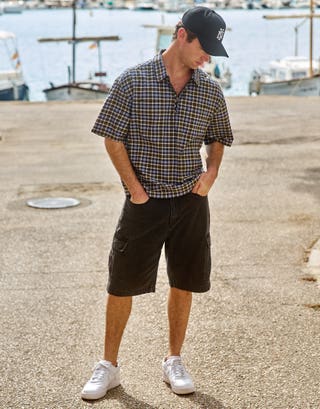 Dragon Check Quarter Zip Short Sleeve Shirt in Blue Check Full