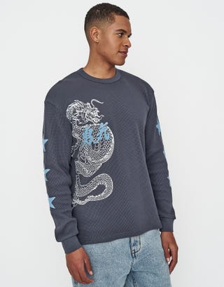 Dragon Waffle Long Sleeve T Shirt in Shadow Blue Detail2