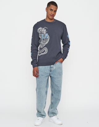 Dragon Waffle Long Sleeve T Shirt in Shadow Blue Full